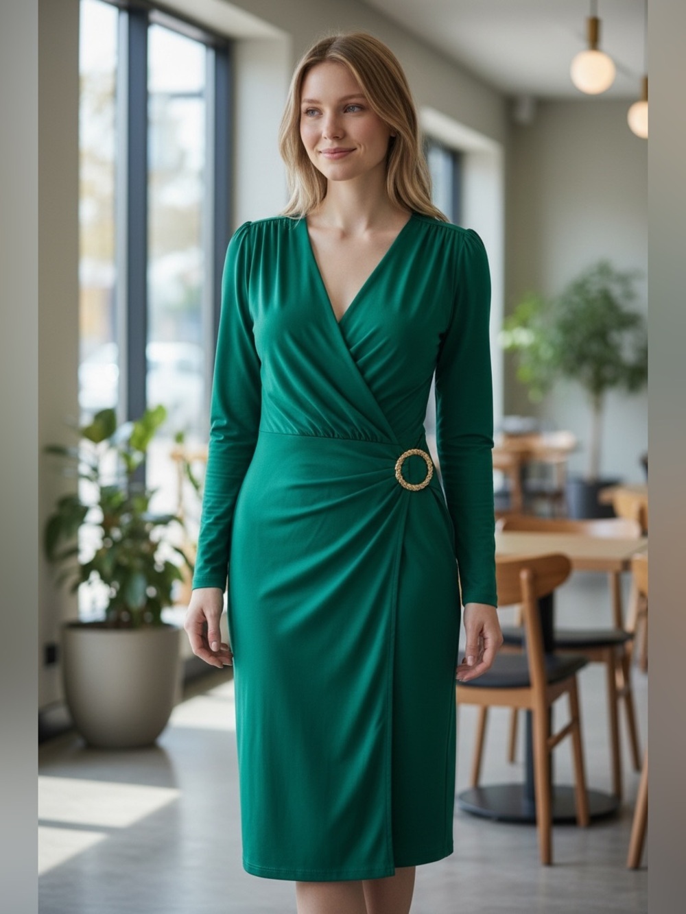 Joseph Ribkoff Green Faux-Wrap Midi Dress with Decorative Buckle